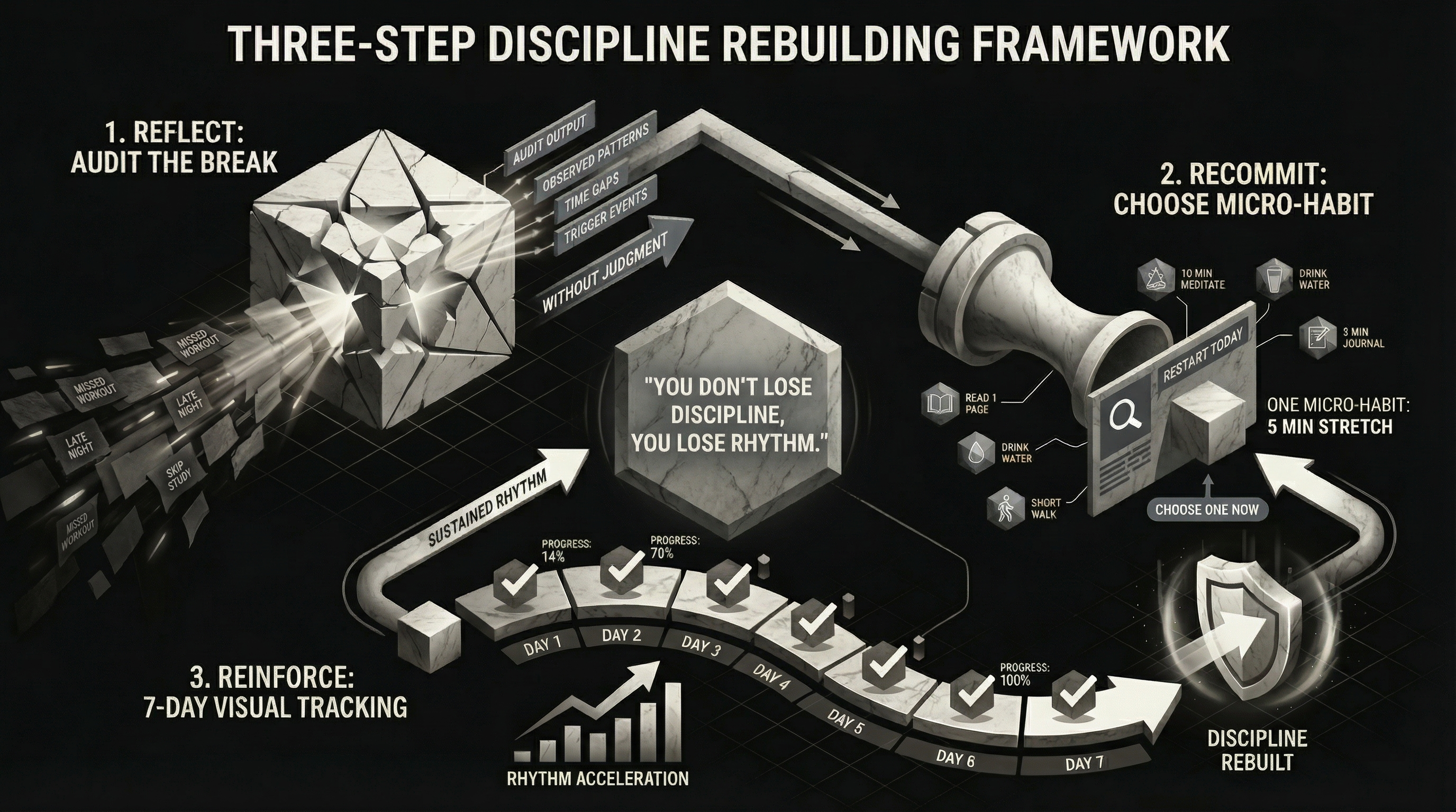 Three-step discipline rebuilding framework diagram: Reflect, Recommit, Reinforce