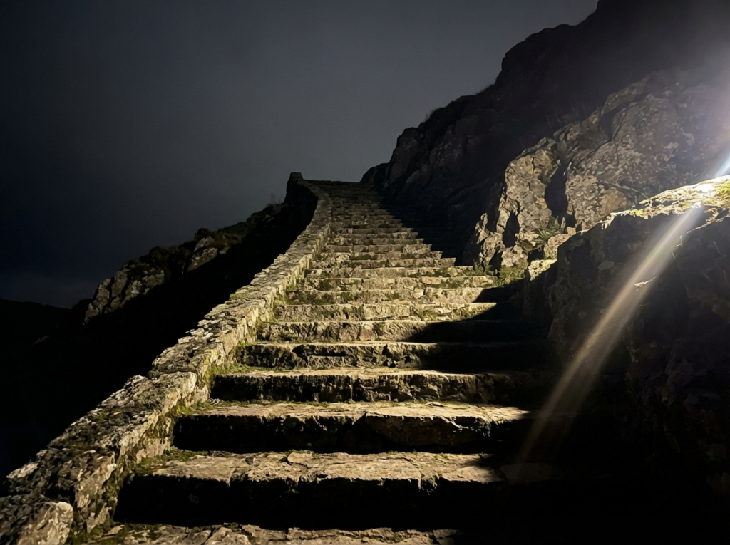 Stone staircase ascending into dark sky symbolizing rebuilding discipline and consistency